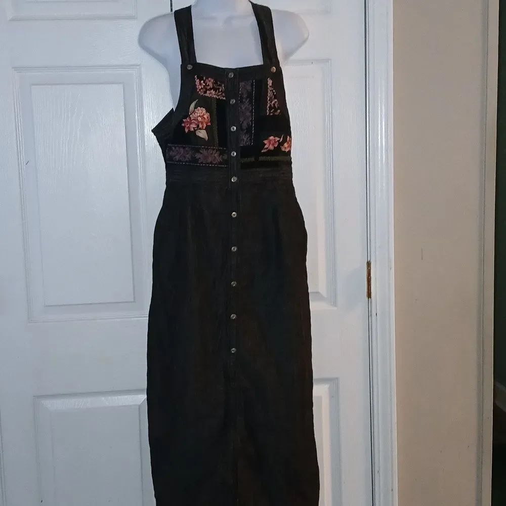 Susan Bristol Vintage Cottagecore Black Overall Denim Floral Midi Dress Sz 4